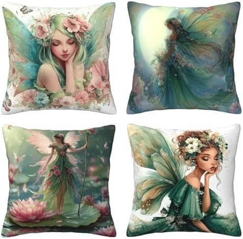 Fairy Throw Pillow Covers Set of 4 Decorative Soft Double Sided Print Pillow Case Farmhouse Home Decor for Living Room Sofa Couch 18x18