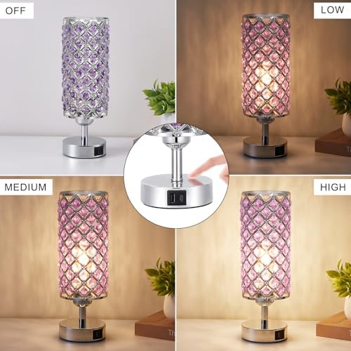 Hong-in Purple Crystal Table Lamp with USB C+A 3-Way Dimmable Bedside Lamp