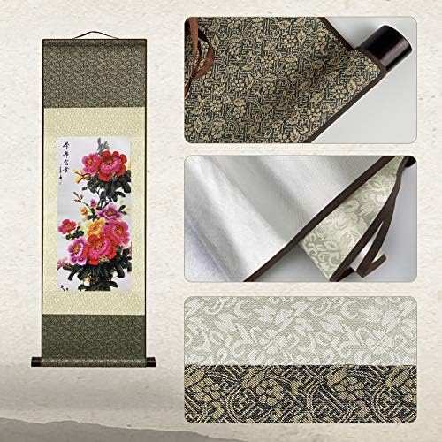 AtfArt Asian Wall Decor Beautiful Silk Scroll Painting Flower - Prosperity - Enjoy Honor and Distinction Oriental Decor Chinese Art Wall Scroll Wall Hanging Painting Scroll (39 x 12 in)