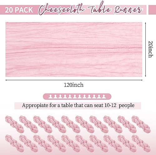 20 Pack Pink Table Runner 10Ft Cheesecloth Table Runner Boho Gauze Table Runners Romantic Long Sheer Fabric Cheese Cloth Table Runners for Wedding Party Bridal Shower