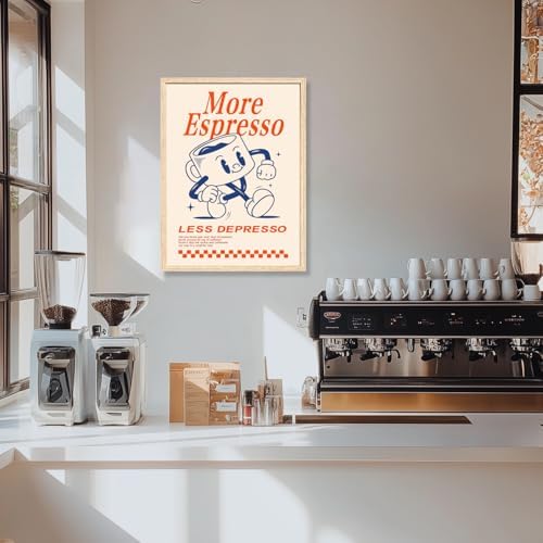 Cyebmo Funny Coffee Wall Art, Vintage Cafe Kitchen Wall Decor, More Espresso Less Depresso Art Prints, Beige Dorm Poster Print for Home Office Coffee Bar Kitchen, Wood Framed Ready to Hang 12x16 Inch