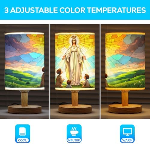 Our Lady of Fatima Apparition Table Lamp LED 3-Color Pressed Bedside, Our Lady of Fatima Apparition Shade Lamp with Wood Base for Bedroom Living Room Desk Office TL01