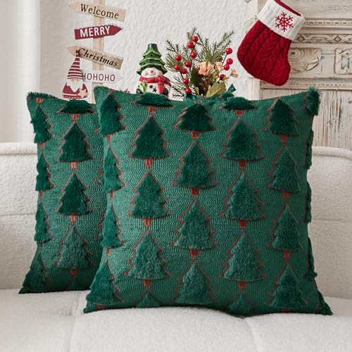Kevin Textile Christmas Tree Pillow Covers 20x20 Inch Set of 2 Luxury Embroidery Soft Plush Faux Fur Decoration Pillowcases for Couch Sofa Holiday Festivals Winter Xmas Gift, Dark Green & Red