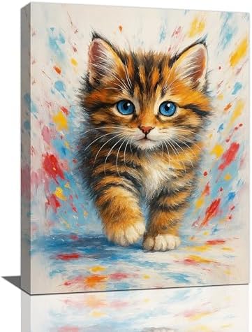 Graffiti Cat Wall Art Cute Cat Painting Canvas Wall Decor Kitten Picture Framed Artwork Decoration Gifts for Lover Women Girl Bathroom Bedroom Kitchen Living Room Office 12"x16"