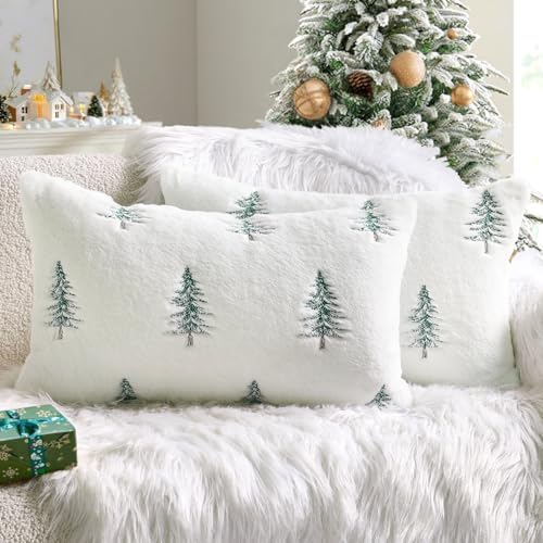 MIULEE Christmas Lumbar Faux Fur Pillow Covers 12x20 Inch White Green