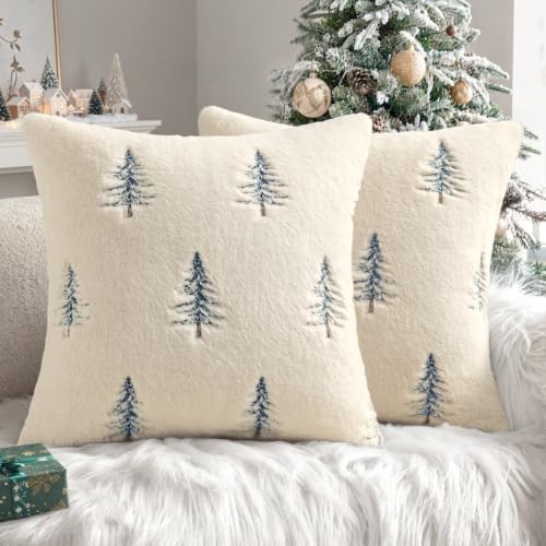 MIULEE Christmas Decorative Faux Fur Pillow Covers 18x18 Inch Beige Blue