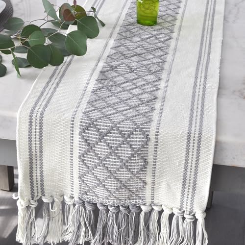 Long Dining Table Runner with Tassels 14 x 90 Inches, Gray & Off White / Woven Washable Console Table Cover / Boho Dresser Scarf Grey / Farmhouse Bohemian Table Top Decorations with Fringe