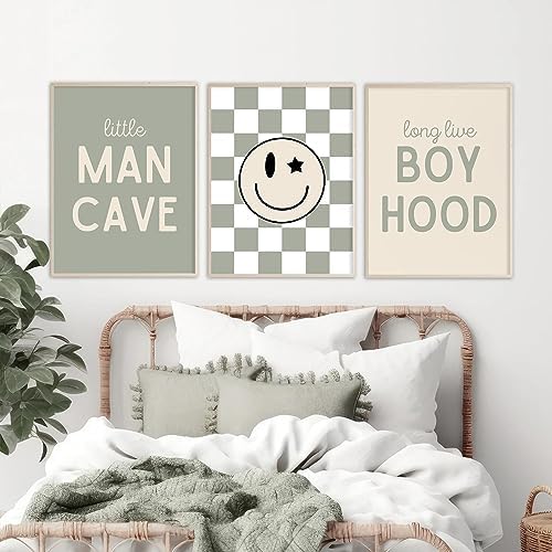 Long Live Boyhood Wall Art Nursery Baby Boys Canvas Wall Art Decor Preppy Retro Poster Prints Kids Little Man Cave Pictures Sage Green Artwork for Room Bedroom Set of 3 16x24 Inch Unframed