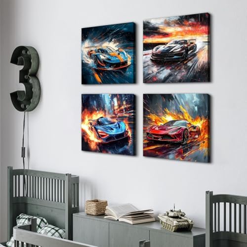 Abstract Lamborghini Car Wall Art Cool Sports Car Pictures Wall Decor for Men Cave Garage Bedroom Pop Ferrari Car Poster Street Landscape Painting Canvas Prints Game Office Home Decorations 16x16" 4P