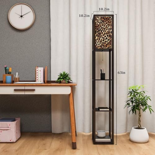 Standing Lamp with Shelves Tall Leopard Skin Stylish Blouse Leopard Skin Theme Modern Wood Corner Lamp for Bedroom Living Room Office Floor Lamp Mid Century Room Decor