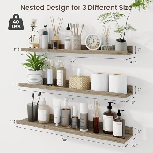 Axeman 30 Inch Floating Shelves, Grey Picture Ledge Shelf Set of 3