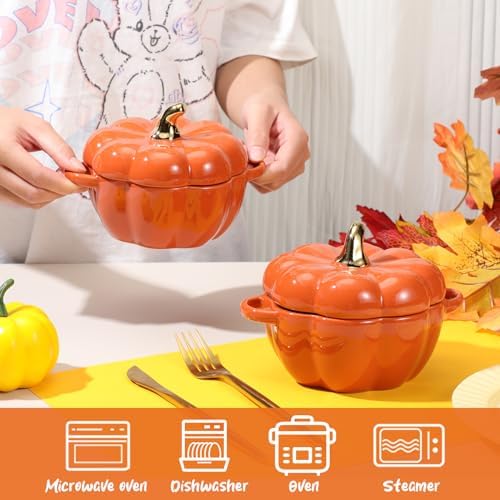 Yaomiao 6 Pcs Pumpkin Ceramic Bowl 15 oz Pumpkin Soup Bowl Pumpkin Shape Storage Jar with Lid and Handles for Home Halloween Party Kitchen Tableware(Orange)