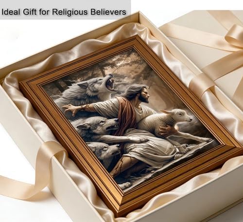 Vintage Gold Framed Jesus and Lamb Wall Art Jesus Saves the Lost Sheep Christian Canvas Prints Shepherd Protect a Lamb from Wolves Picture Religious Painting Poster Artwork for Living Room Church
