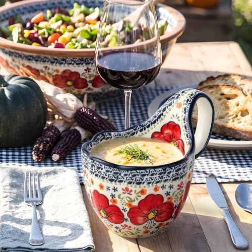 ALMA Soup Bowl With Handle,16oz Handpainted Floral Soup Mug Microwave Safe