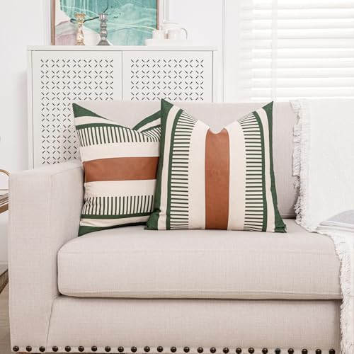 Decorative Farmhouse Throw Pillow Covers 18x18 Accent Faux Leather Pillowcase Rustic Boho Decor,Olive Green and Beige (Cover ONLY, Pack of 2)