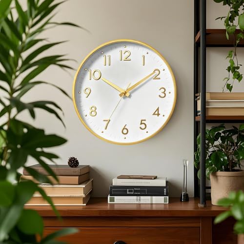 Mosewa 10 Inch Wall Clock Battery Operated Silent Non Ticking Analog | White Gold modern clock; oversized 3D easy-read dial for kitchen, bedroom & office; 1 AA battery (not included)