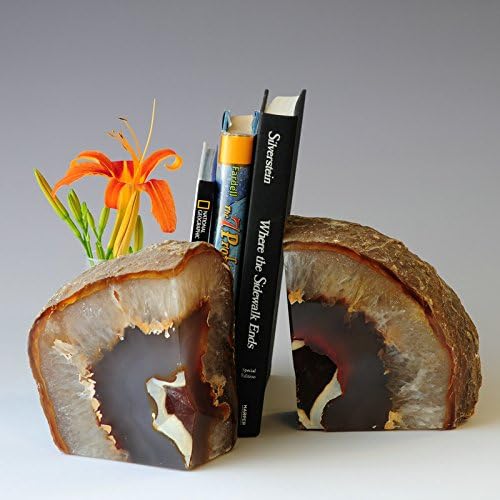 JIC Gem Natural Agate Geode Bookends Anti-Slip Rubber Bumpers 1 Pair 3-4Lbs | Natural Agate Crystal Shelf Decor, Weighted Stone Book Holders for Home & Office, Unique Gemstone Crystal Bookends Gift