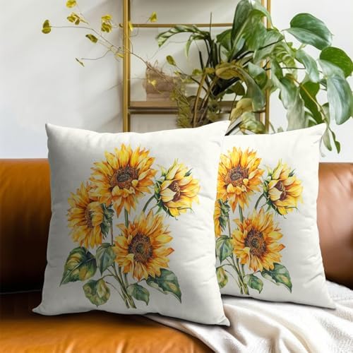 Watercolor Sunflower Throw Pillow Covers 22x22 Inch Set of 2 Floral Spring Summer Pillow Case Yellow Flowers Vintage Pillowcases Farmhouse Rustic Seasonal Cushion Cases for Home Couch Sofa