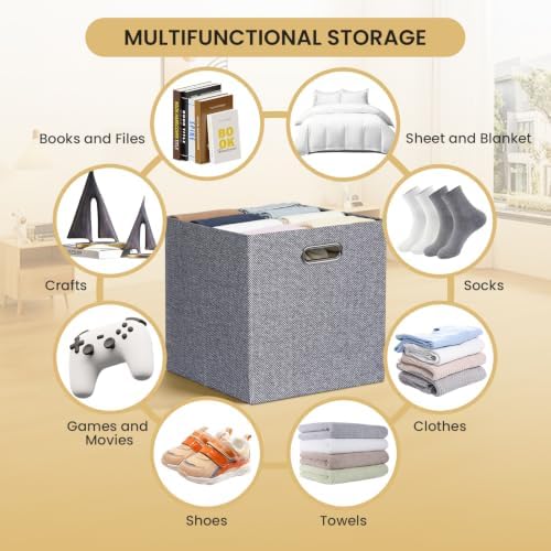Posprica Fabric Storage Cubes, 13x13 Collapsible Storage Bins with Dual Handles, Foldable Storage Boxes Basket for Closet Shelf Cabinet Bookcase Organization, Set of 4, Houndstooth