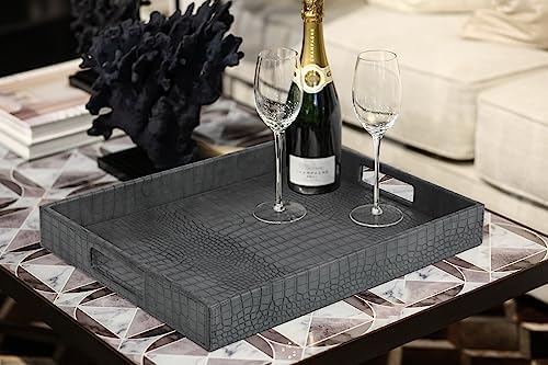 HofferRuffer Rectangle Serving Tray with Hole Handles for Coffee Table, Breakfast, Tea, Food, Butler - Countertop, Kitchen, Vanity Serve Tray, 16.2 x 12.2 x 2 inches, Faux Leather Tray (Dark Grey)