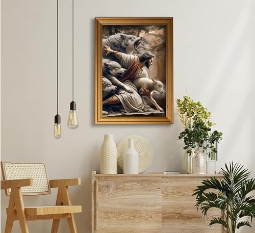 Vintage Gold Framed Jesus and Lamb Wall Art Jesus Saves the Lost Sheep Christian Canvas Prints Shepherd Protect a Lamb from Wolves Picture Religious Painting Poster Artwork for Living Room Church