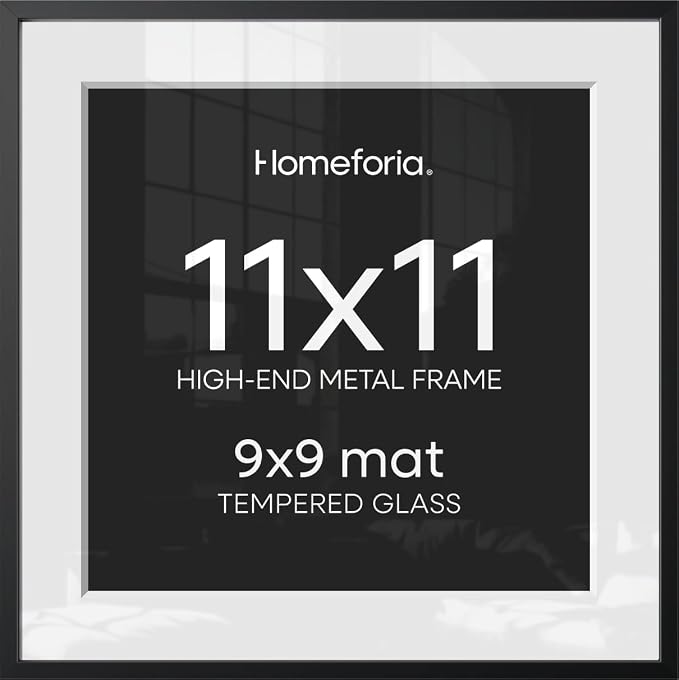 Homeforia 11x11 Black Picture Frame, High-End Metal, 9x9 Mat, Glass