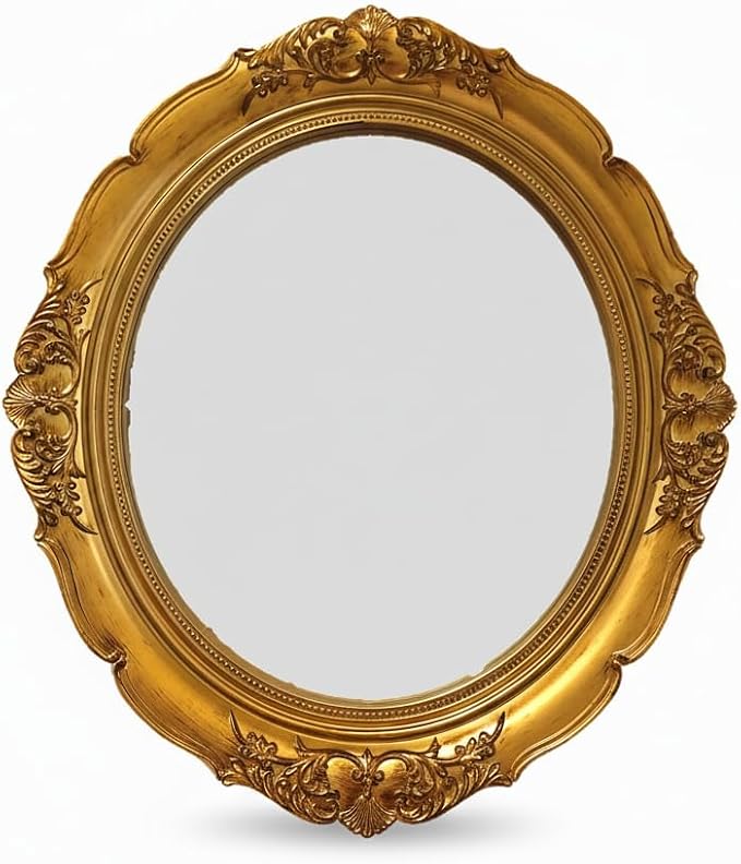 Vintage Carved Decorative Wall Mirror, 15”x 13.4” Hanging Mirror for Dresser Decor Bedroom Living-Room, Cosmetics Jewelry Dresser Organizer Tray (Golden-Oval)