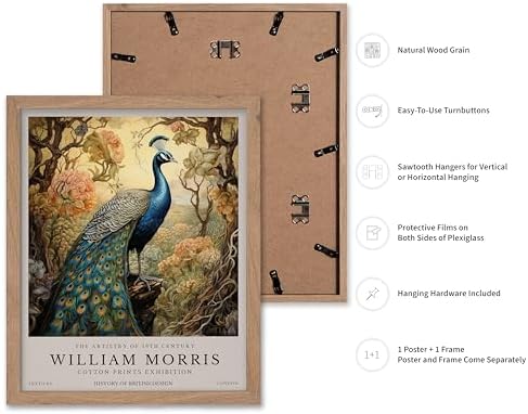 Poster Master William Morris Poster - Peacock Print - Bird Art - Botanical Art - Flower Design - Exhibition Artwork - Animal Illustration - Floral Illustration - Aesthetic Office or Bedroom Decor - 8x10 Beige Framed