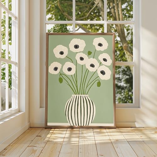 Green Poppy Floral Wall Art Abstract Botanical Wall Print Painting | Vintage Green Flower Pictures Wall Decor Boho Floral Canvas Wall Art Home Decor for Living Room Bedroom 16x24 Inch Unframed