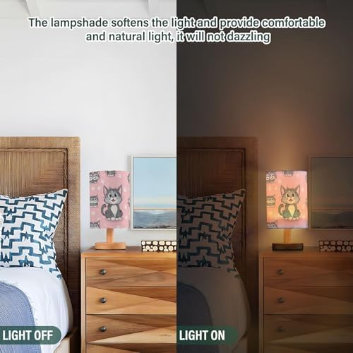 Cute Cat on Pink Table Lamp with Wood Base Fabric Lamp Shade Bedside Nightstand Desk Lamp for Living Room Bedroom Kids Room Office