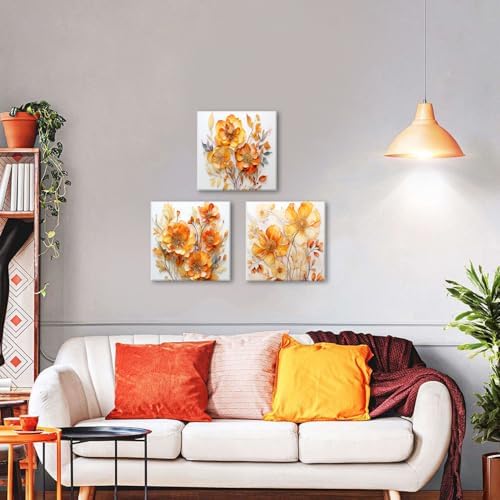 AIYISU Orange Flowers Wall Art for Living Room Decor Abstract Wildflower Canvas Paintings Fall Nature Floral Prints Pictures Modern Autumn Artwork for Bathroom Bedroom Home Decorations 20x20 3Pcs