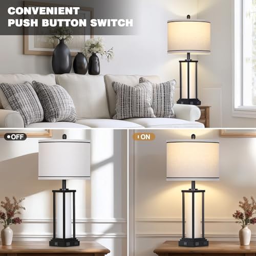 27inch Tall Bedside Table Lamps with Charging Ports for Living Room,Traditional Lamp with Night Light for Bedroom Nightstand,Single Black