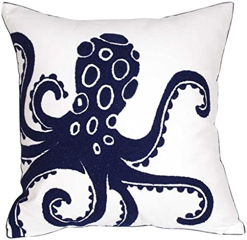 Embroidered Nautical Decor Pillow Cover,Square 18 Inches Decorative Canvas Pillow Cover for Nautical Style Deco by (Navy-Octopus)