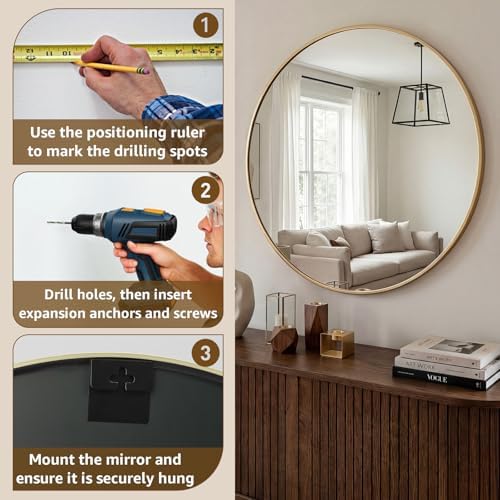 DUMOS 24 Inch Round Wall Mirror, Bathroom Mirrors for Over Sink | Matte Metal Framed Circle Mirror, Wall Decor for Bedroom, Entryway, Anti-Rust, Tempered Glass, Hanging or Leaning, Black