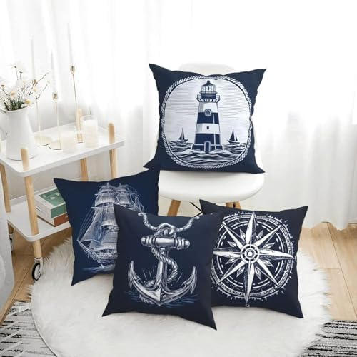 Nautical Throw Pillow Covers Set of 4 Decorative Soft Double Sided Print Pillow Case Farmhouse Home Decor for Living Room Sofa Couch 18x18