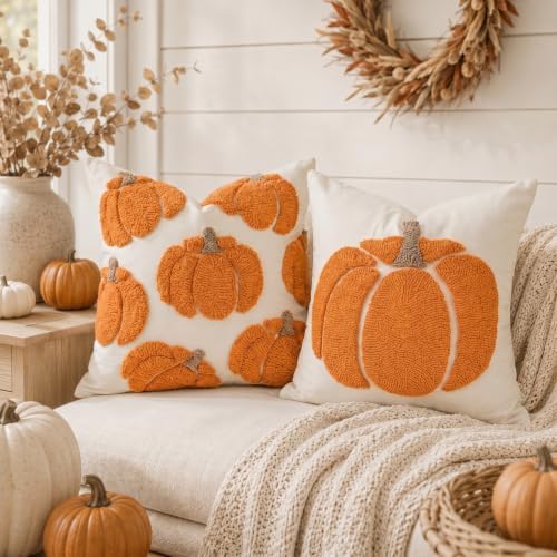 GEEORY Fall Pumpkin Pillow Covers Set of 2, Orange Tufted 16x16