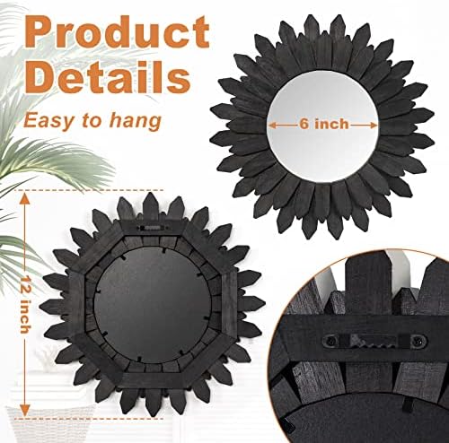 Emfogo Wall Mirror 12 inch Rustic Wood Sunburst Boho Mirror Farmhouse Wall Decor Room Decor Home Decor for Bedroom Living Room Entryway (Vintage Black)