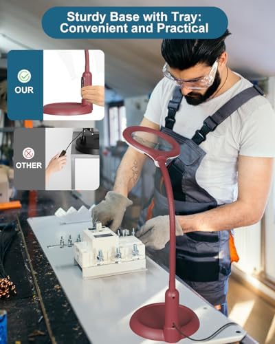 12X Magnifying Glass with Light and Stand, Real Glass, LED 5 Color Modes, Brightness Stepless Dimming Lighted Magnifier Hands Free, Flexible Gooseneck Desk Lamp with Clamp for Close Work, Craft, Red