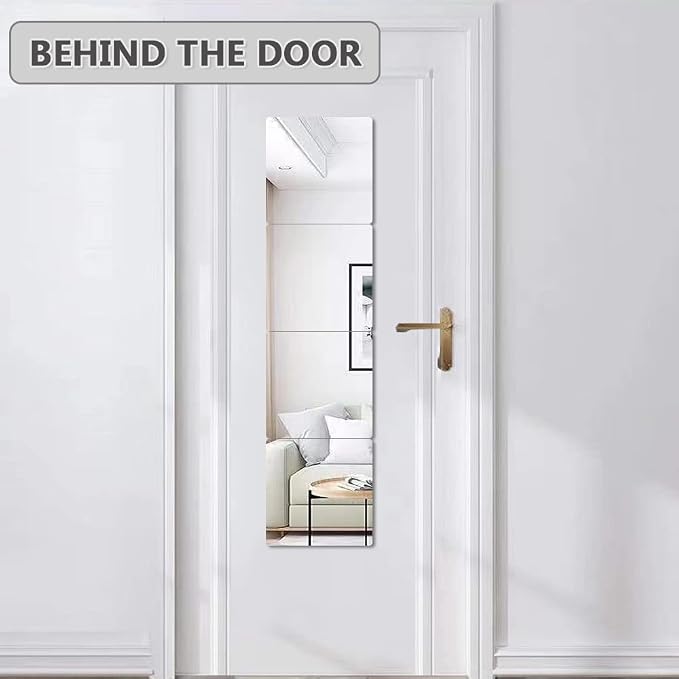 Acrylic Mirror Tiles, 8x8 in Shatterproof Wall Mirrors, 4 Pack | Flexible acrylic, adhesive foam tapes included, for bedroom doors, closets, gym, dorm, and DIY wall decor.