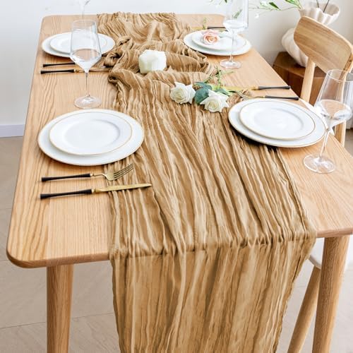 Wokceer Cheesecloth Table Runner Khaki 10FT Boho Gauze Runner, 3 Pack