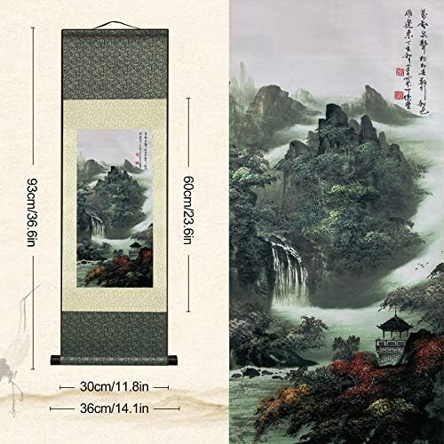 AtfArt Asian Wall Decor - Beautiful Silk Scroll Painting of Waterfall River Landscape - Mountain Spring Autumn Color Oriental Decor Chinese Art Wall Scroll Hanging (36.2 x 12 in)