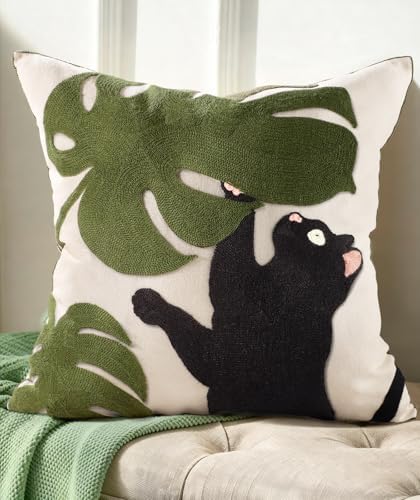Spring Pillow Cover 18x18 Inch – Embroidered Summer Throw Pillow Cover Cat Monstera Leaves Farmhouse Decorative Cushion Case with Hidden Zipper Decoration for Couch, Sofa, Living Room(1 Pack)