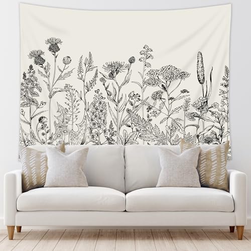 Riyidecor Floral Tapestry Wall Hanging Home Decor 59Wx51H Inch Vintage Blossom Flower Living Room Decor for Men Women Modern Aesthetic Sketch Botanical Plant Herbs Nature for Bedroom Dorm