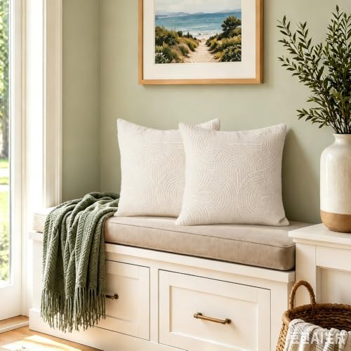 AELS Boho Decorative Textured Throw Pillow Covers 20x20, Organic Modern Mid Century Rainbow Tufted Pillow Case, Farmhouse Rustic Geometric Woven Cushion Case for Bed Couch Sofa, Creamy White