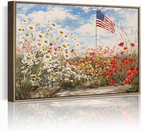American Flag Framed Canvas Wall Art, 4th of July Patriotic Canvas Prints | Wildflower Landscape Poster Print, Vintage Rustic Independence Day Wall Decor for Bedroom Living Room Office 8×10in