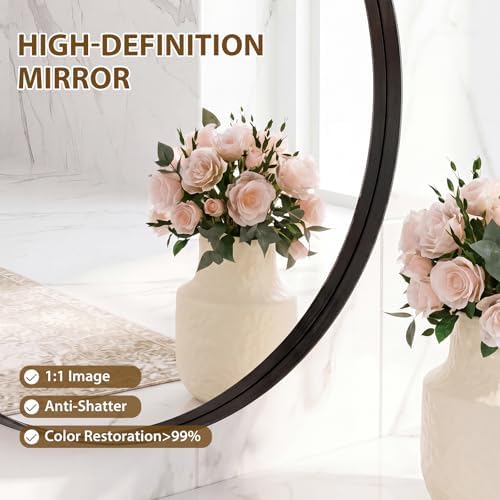 Sweetcrispy Round Bathroom Wall Mirror, Circle Vanity Mirror, 24 Inch | Matte Metal Frame, Home Decor Circle Mirrors for Bathroom Sink, Entryway, Bedroom, Black