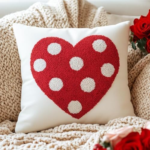 GEEORY 18x18 Inch Canvas Valentine’s Pillow Cover, 3D Cotton Embroidered Red Polka-dot Heart Romantic Valentine’s Day Decor Farmhouse Cushion Case for Living Room, Sofa & Bed