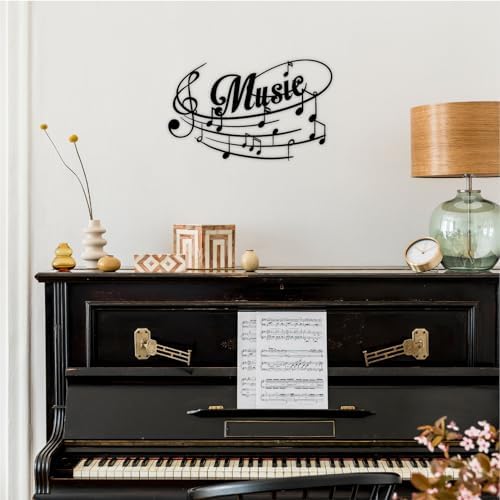 Music Note Metal Sign, Metal Music Sign Wall Art Musical Note Signs Wall Decor Metal Signs, Hanging Music Room Gift for Lover of Music, Indoor Outdoor Decoration (32 inches), Black