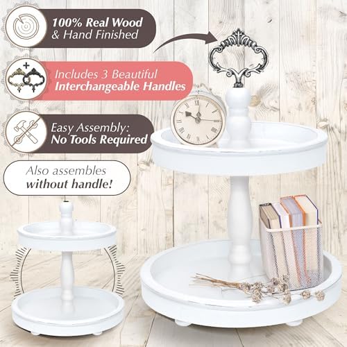 2 Tiered Tray Stand [Includes 3 Changeable Handles] - Rustic Cupcake Stand, Coffee Table Tiered Serving Tray for Kitchen Counter, Stunning Rustic Home Decor, Display Fruits, Plants, Candles (White)
