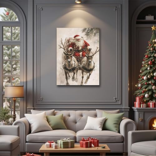 Vintage Santa in Sleigh with Reindeer Canvas Art 8x12, Framed Classic Christmas Wall Art for Holiday Decor, Cozy Winter Snow Scene Nature Wall Decor for Living Room Kitchen Office